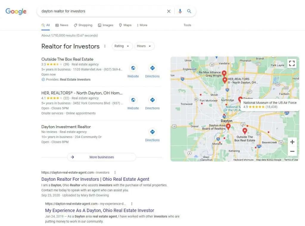 Realtor search results showing Mary Beth Downing at top