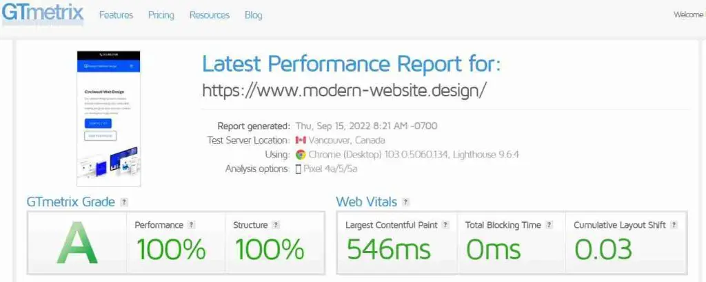 GTMetrix Report showing 100 out of 100